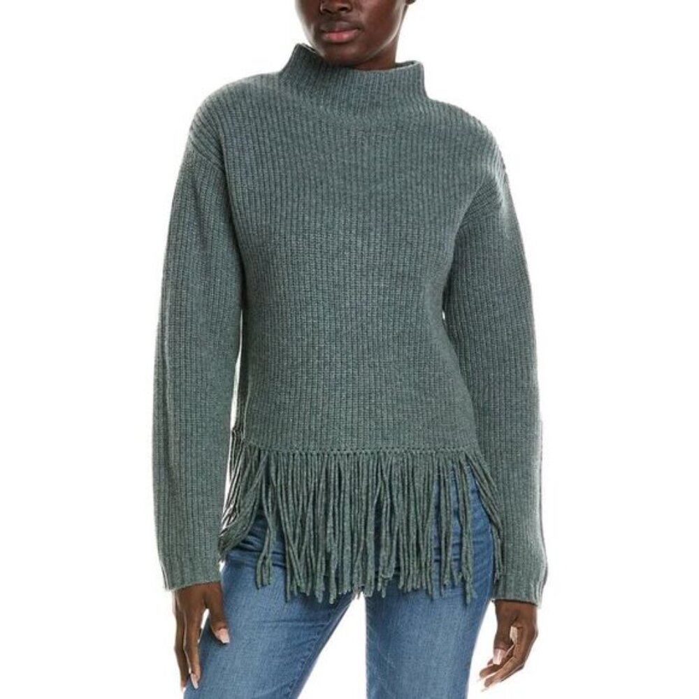 Elegant Alashan Fringe Hem 100% Merino Turtleneck Sweater - Green/Gray